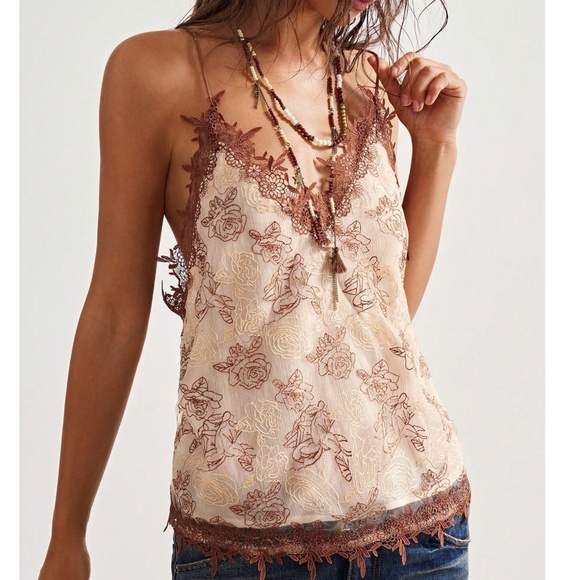 Boho Floral Embroidered Lace Criss Cross Back Cami Tank Top - Picture 2 of 6